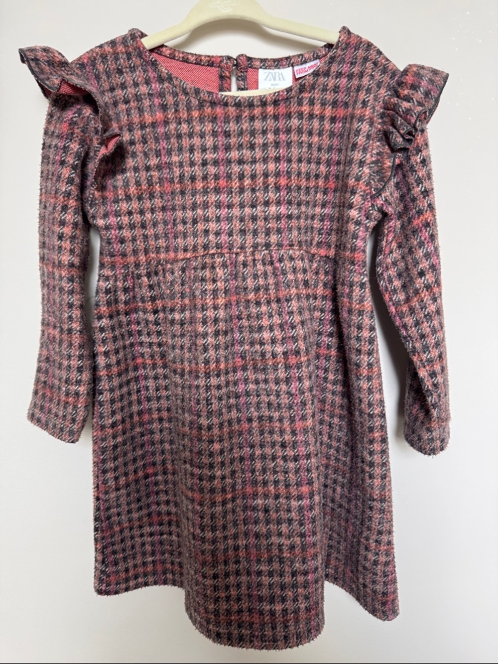 Zara Girls Pink and Gray Houndstooth Ruffle-Shoulder Dress